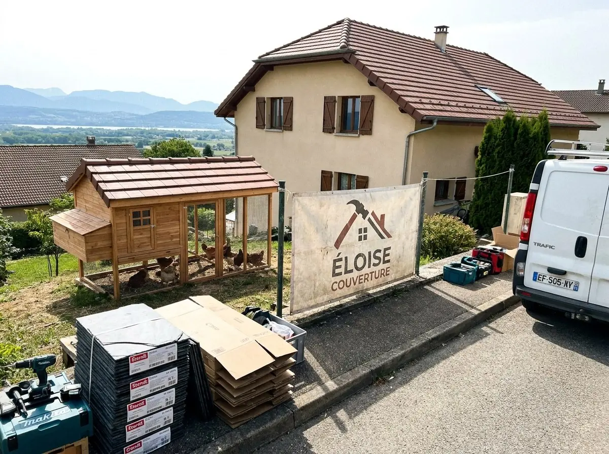 Chantier terminé par Éloise Couverture à Éloise dans l'Ain : maison en tuiles, bâche au nom de l'entreprise et petite toiture neuve en tuiles